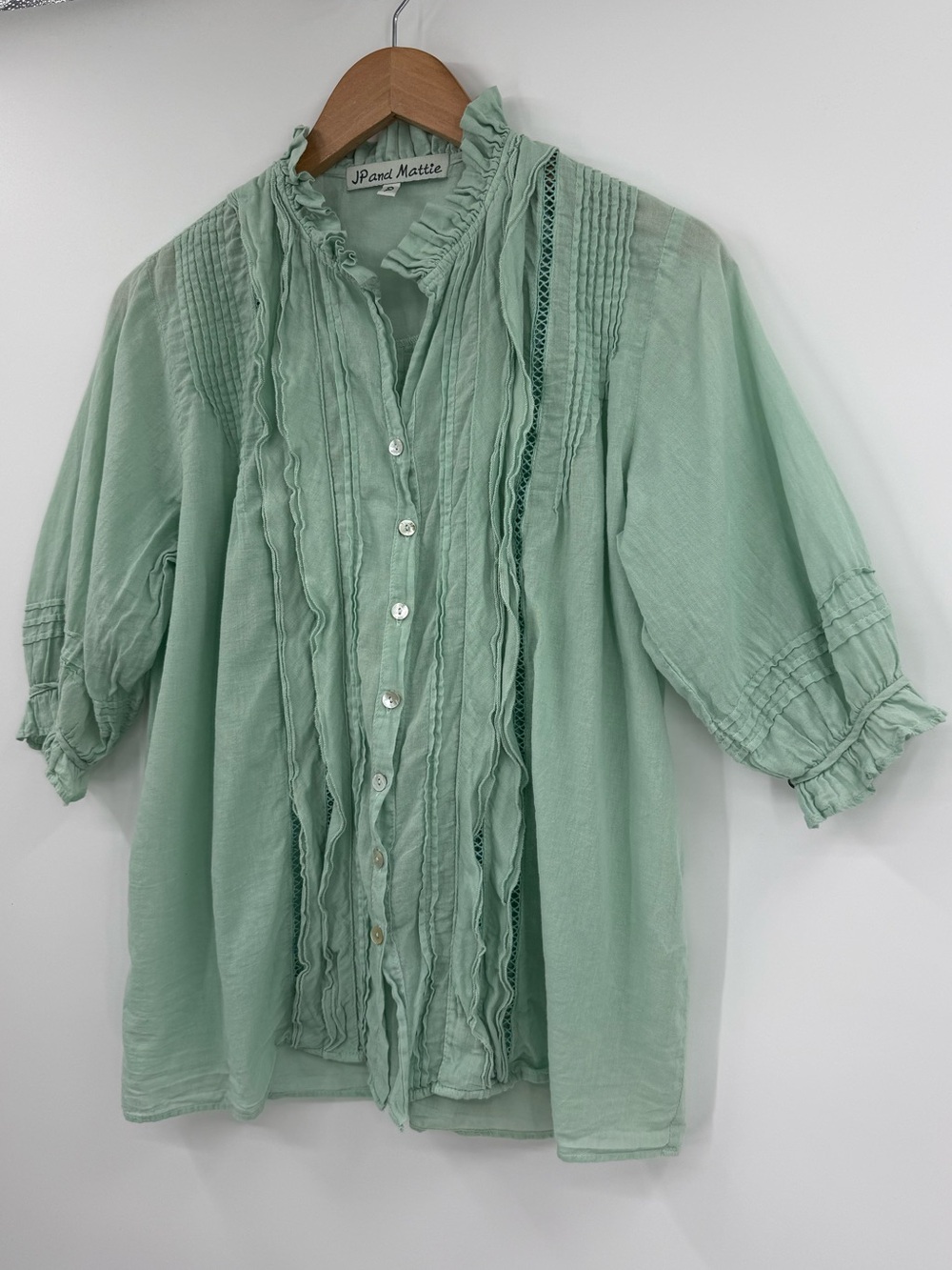 JP and Mattie 2030 Madeleine Ruffle Lace Shirt | Sea Glass | P ( XS)